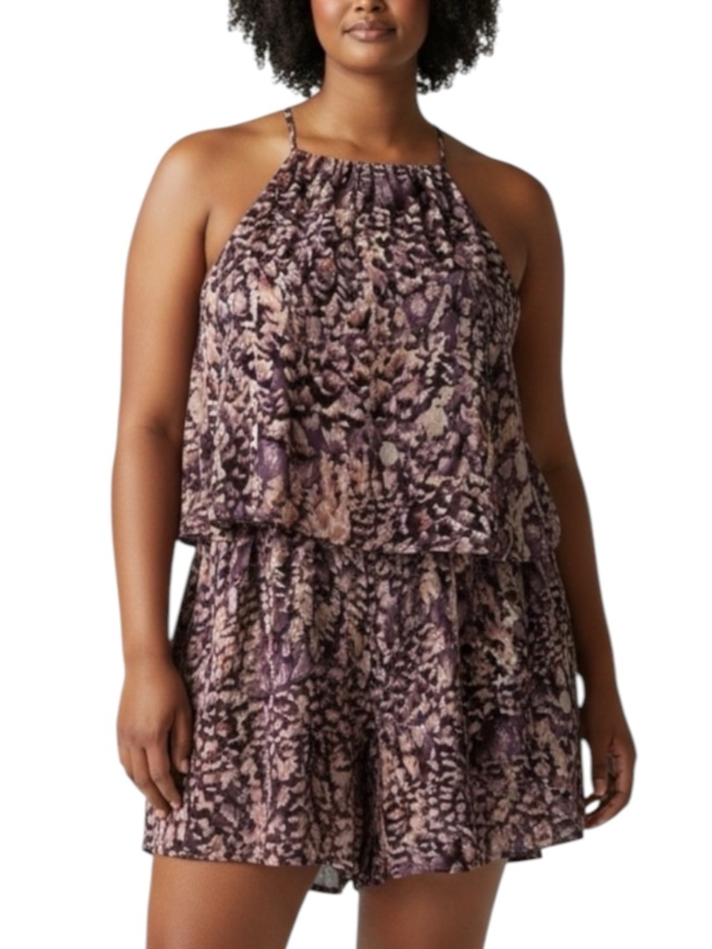MOD Halter Palazzo Romper in Peacock Colors Purple/Peach Size Large